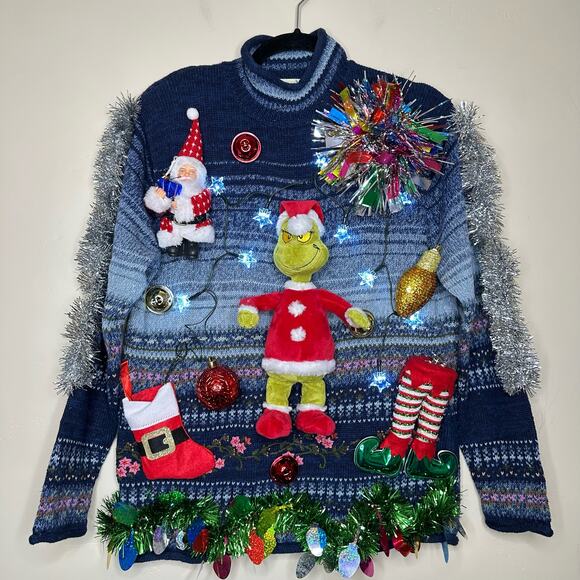 Ugly Christmas Sweater Singing Grinch LIGHTS UP Tacky Tinsel Xmas Party Winner - Picture 1 of 5